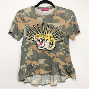 Melissa Masse Camo Ruffle Tiger Appliqué Top NWOT